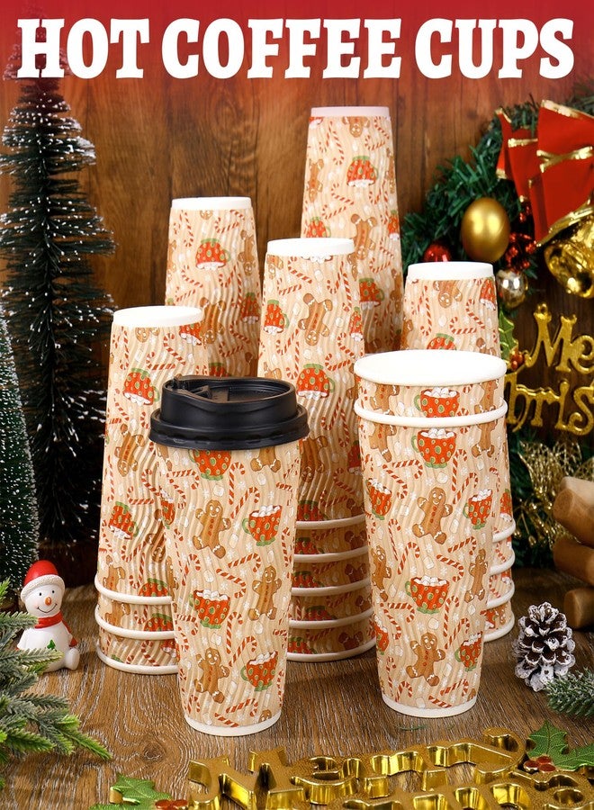 JarThenaAMCS 50 Pcs Christmas Disposable Coffee Cups with Lids Gingerbread Man Candy Cane Paper Cup Corrugated Ripple Wall Insulated Hot Cups for Xmas Winter Home Office Party Supplies, 16 Oz - Image 3